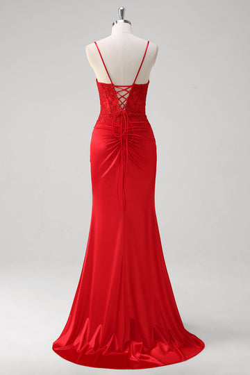 Rosso Spaghetti Straps Mermaid Satin Corsetto lungo Abito da Cerimonia con Appliques